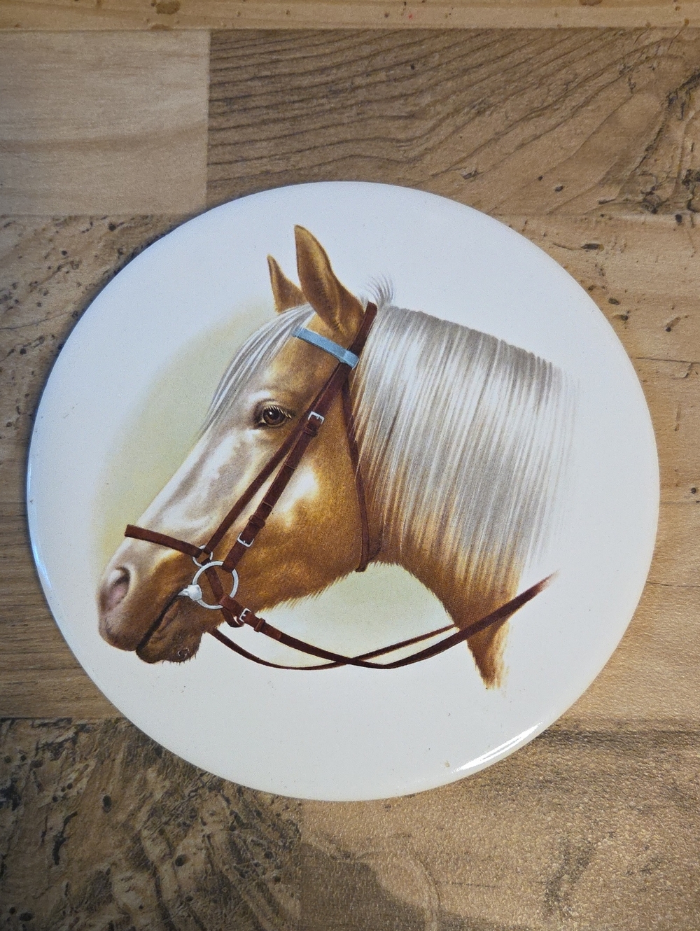 Vintage Horse Print Picture On Round Ceramic Tile Felt Back